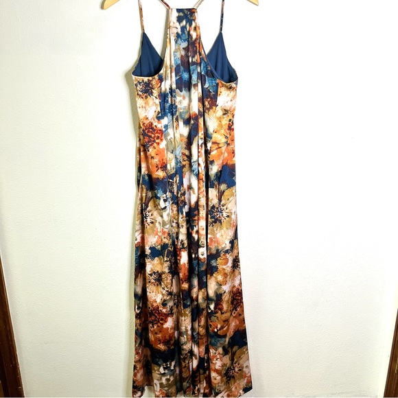 Nicole Miller New York Blue gold floral gown maxi dress sz M sleeveless evening - Picture 8 of 9